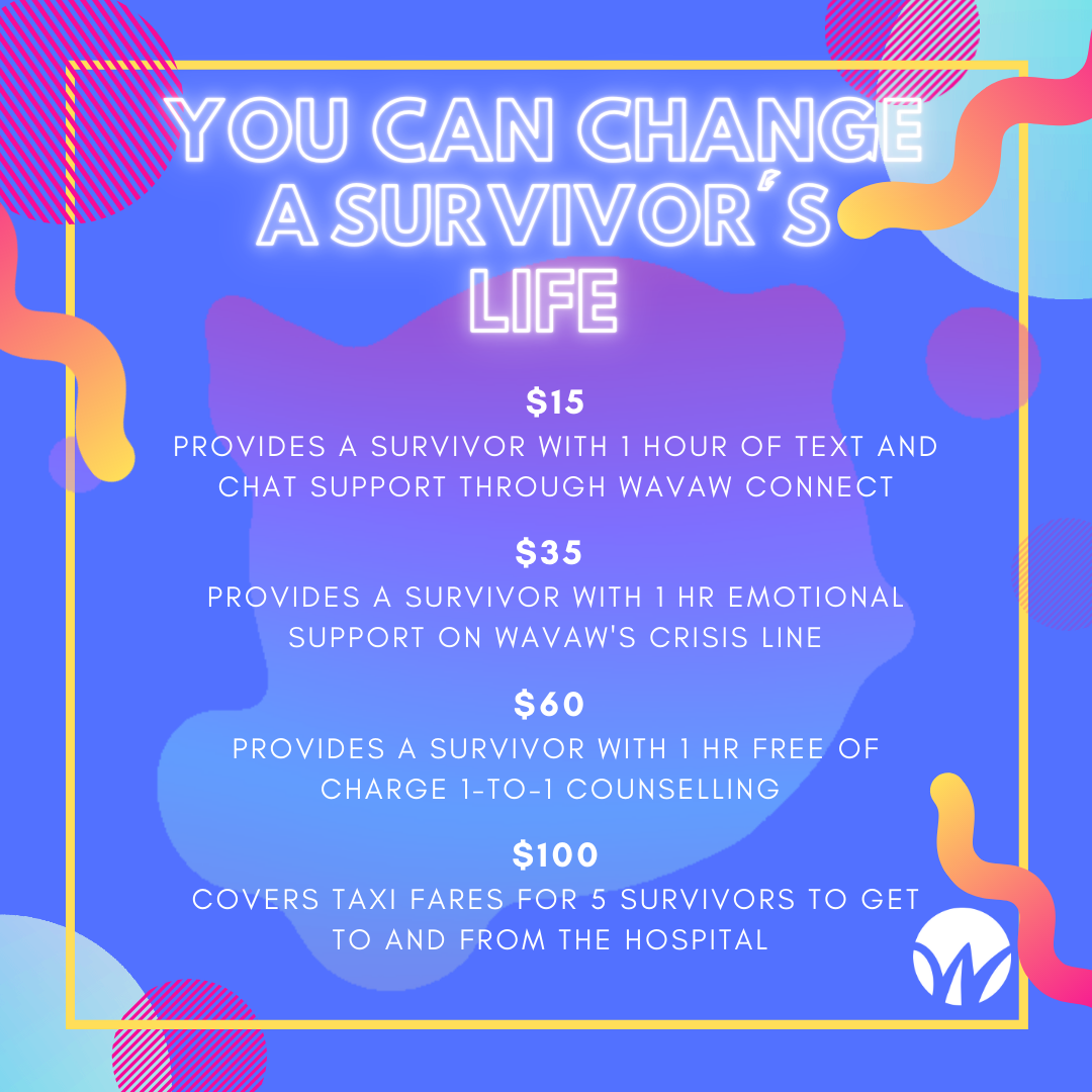 A neon and blue info graphic that reads "YOU CAN CHANGE A SURVIVOR'S LIFE" with suggested donation amounts of $15, $35, $60, and $100.
