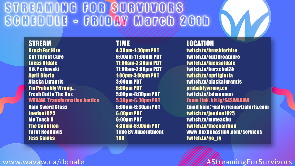 Streaming For Survivors Friday Schedule