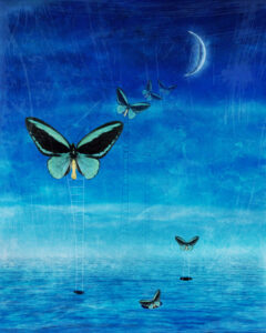 Painting by Emily Cooper, butterflies over the sky