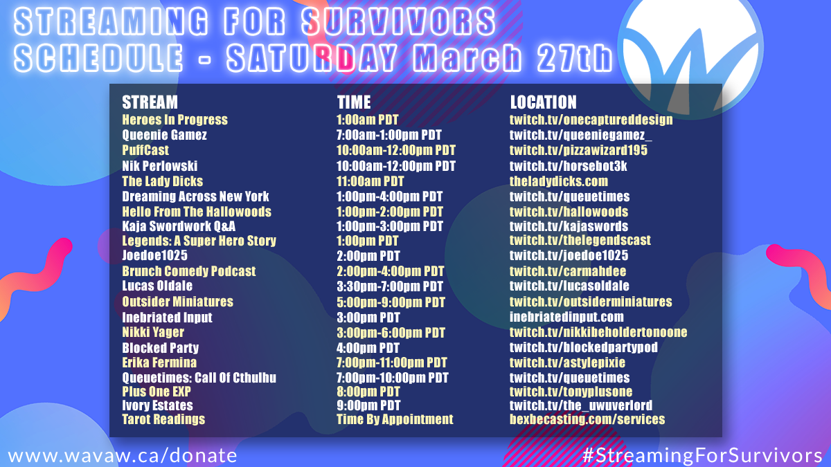 Streaming For Survivors Saturday Schedule